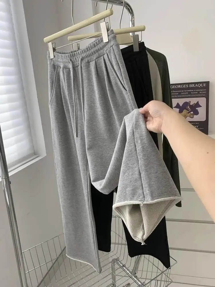 Korean Fashion Bf Harajuku Loose Fitting Women Rolled Edge Straight Leg Pants Solid Color Casual Womens Lace Up Pants 250708
