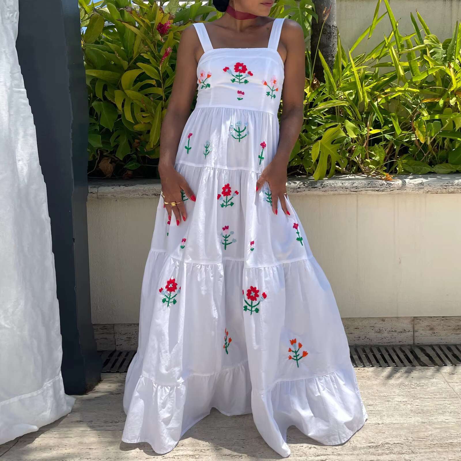 Imcute Women Cute Embroidered Beach Summer Boho Ruffle Long Spaghetti Strap Flowy Maxi Dress dongdumaoyi