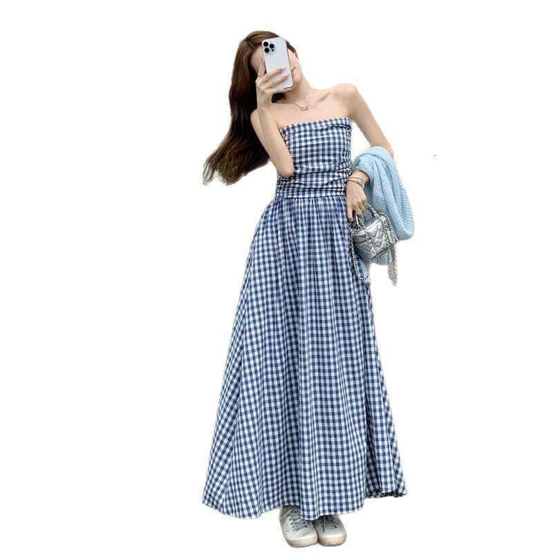 Summer Plaid Strapless For Women French Style High-End Elegant Waist-Slimming Vacation Long Dress B5