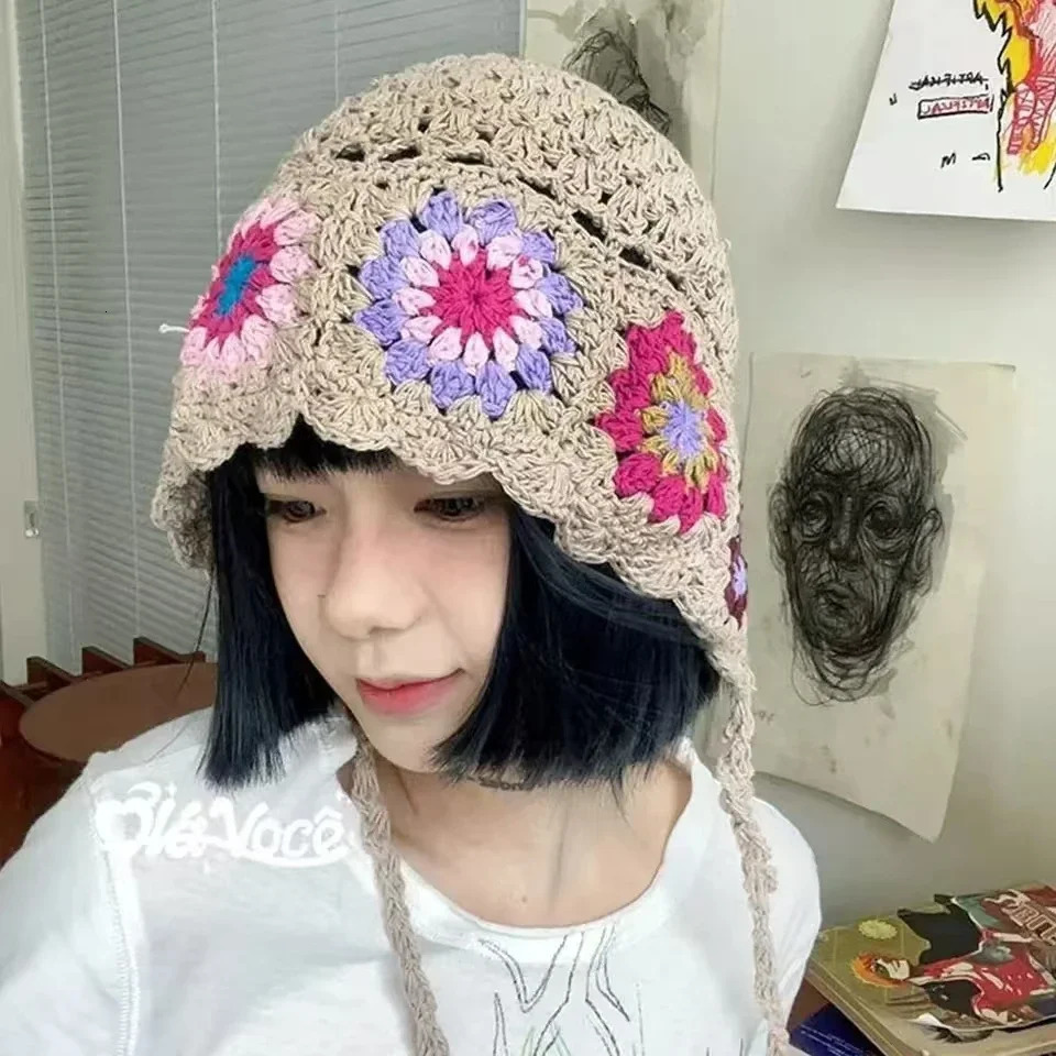 Breathable Sunscreen Hollowed Out Knitted Hat Casual Summer Skullies Fashion Flowers Beret Cap for Women 250704