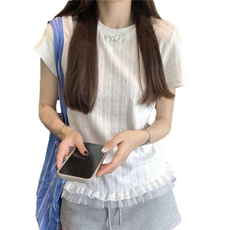 French Gentle Style Sweet Lace Trim Short Sleeve T-Shirt For Women Summer Fashion Jacquard Versatile Top B5