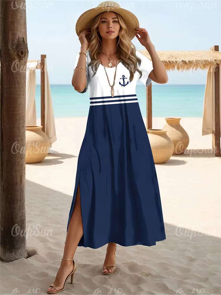 New Vacation Womens Anchor Print Elegant Midi Dresses Female Short Sleeve Dress Fashion Oversized Clothes Summer 2024 dongdumaoyi