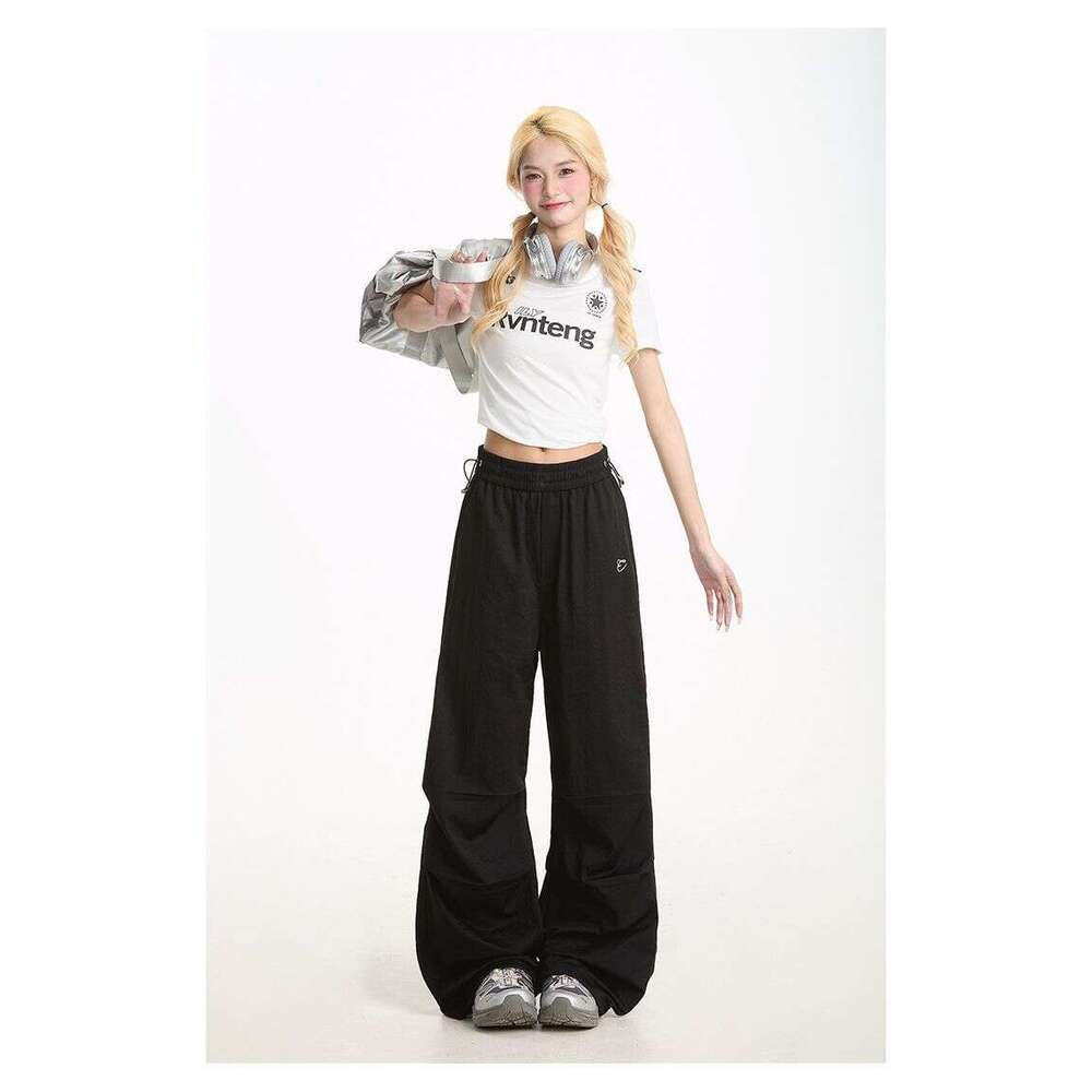 American Style White Cargo For Women Summer Embroidered Loose Casual Sports Quick-Dry Straight Leg Paratrooper Pants Trendy B5