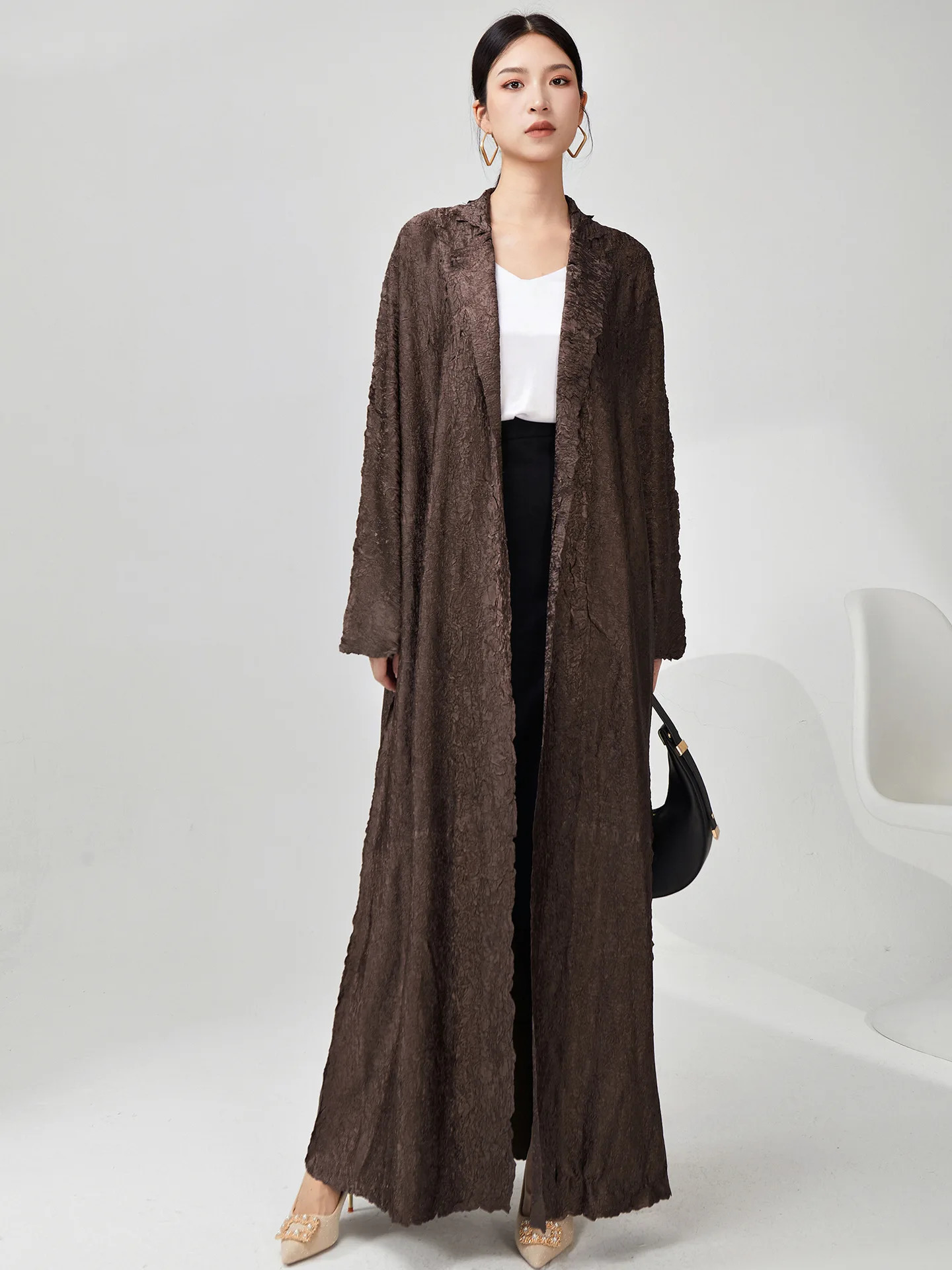 Miyake Fold Autumn And Winter Womens Fashion Trench Coat Long Sleeve Loose Temperament Cardigan Long Coat 250708