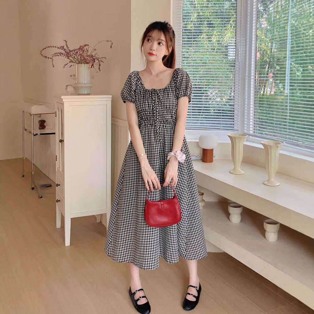 French Style Black Puff Sleeve Plaid For Women Summer New Small Petite Elegant Slimming Long Dress B5