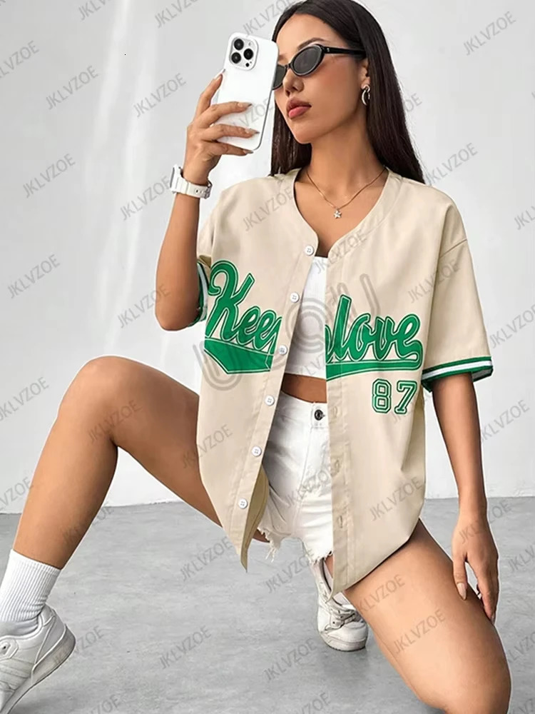 Summer Retro Patchwork Letter Printed Blouse Women Streetwear Baseball Shirt Hip Hop Short Sleeve Baseball Tops 250708