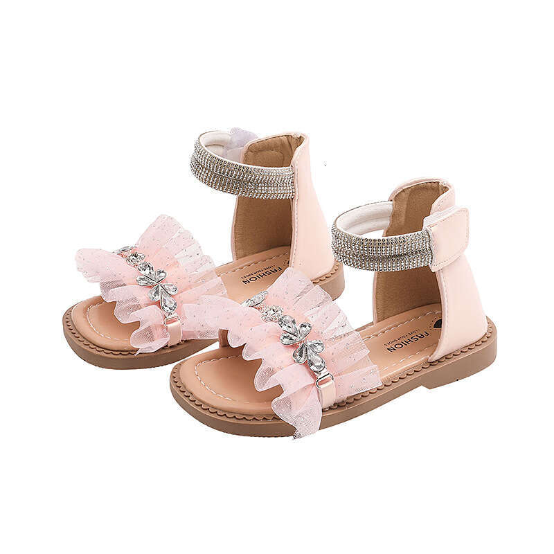 Girls Fashion Rhinestone Lace Sandals 2024 Summer New Baby Soft Sole Beach Children Open-Toe Roman Shoes