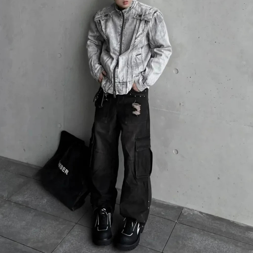 American High Street Fashion Retro Y2k Coat Spring And Autumn Motorcycle Heavy Industry Stitching Washed Denim Jacket Men 250708