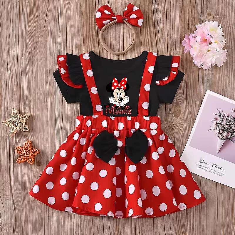 Minnie Mouse Girl Children Dress Baby Clothing Set Summer Birthday Costume Polka Dot Suspender Skirt Bow Headband skirt suit dongdumaoyi