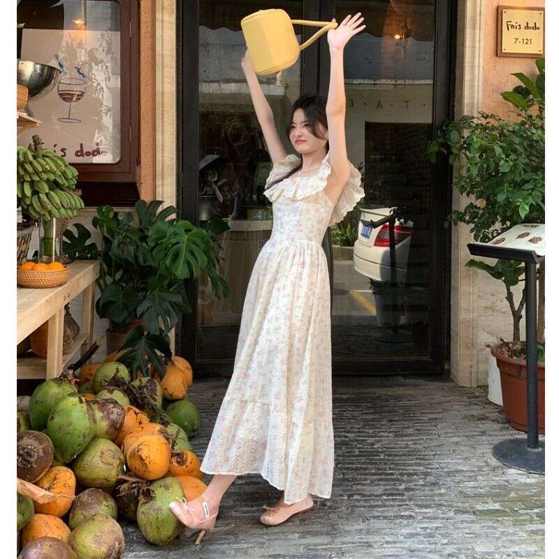 Summer Style Ruffled Square Neck Small Flutter Sleeve Floral For Women, Gentle And Sweet Waist-Cinching Mid-Length Dress B5
