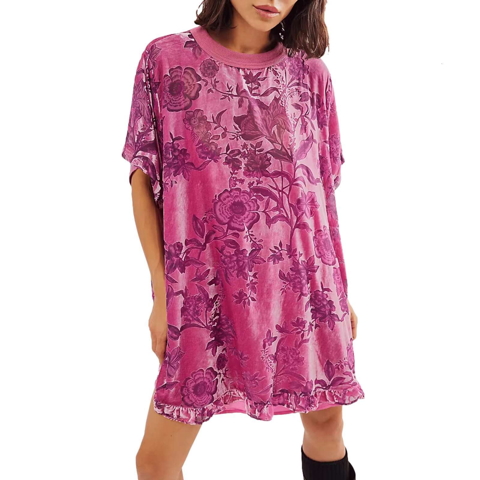 Women Velvet Summer Casual Loose Long Sleeve Crew Neck Flower Mini Lady Female Short Dress dongdumaoyi