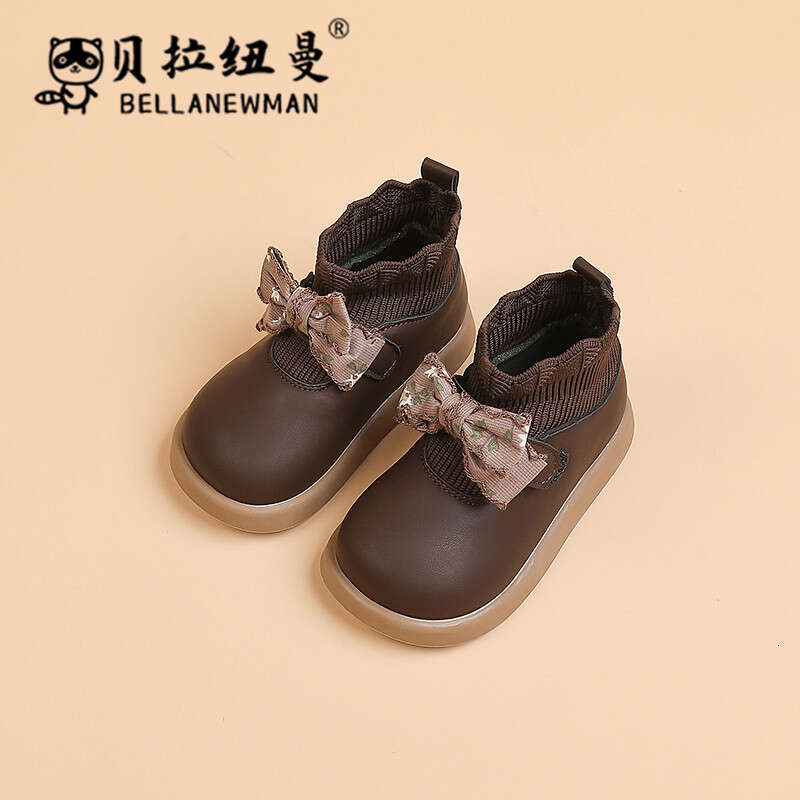 Girls' Bowknot Sweet Sock 2023 Autumn Fashion Children's Black Leather Boots for Young and Middle-aged Kids
