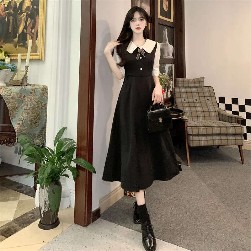 Hepburn Style Short Sleeve Black Fake Two-Piece For Women Summer New Waist-Cinching Slimming French Mid-Length Dress B5