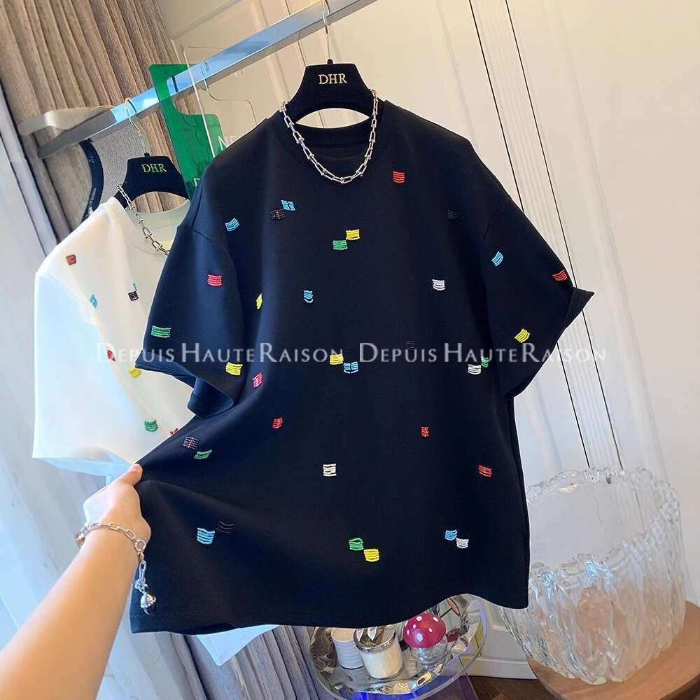 Summer Regular Shoulder Short Sleeve Unique Korean Style Embroidered Top Niche Design Loose Plus Size Women's T-Shirt B5 h7
