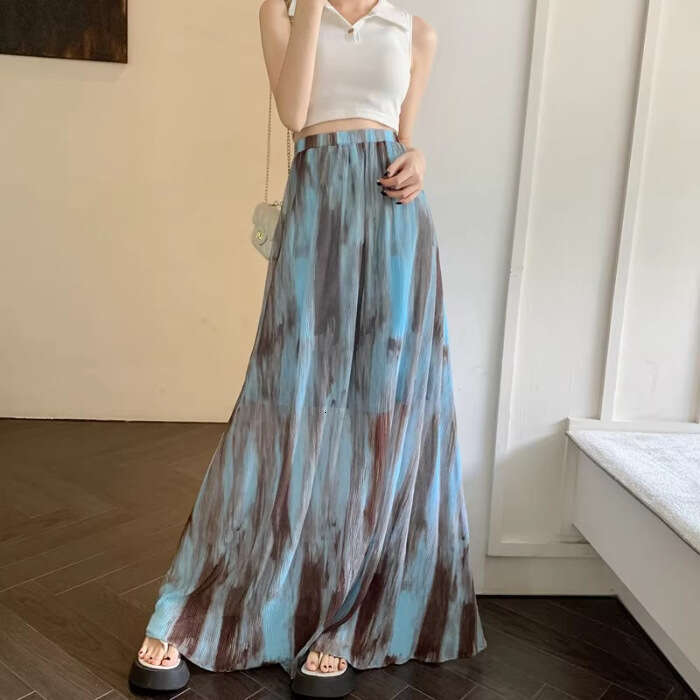 Summer Ink Wash Pleated Midi For Women, Slim Fit High Waist Draped Loose Flared Long Skirt B5