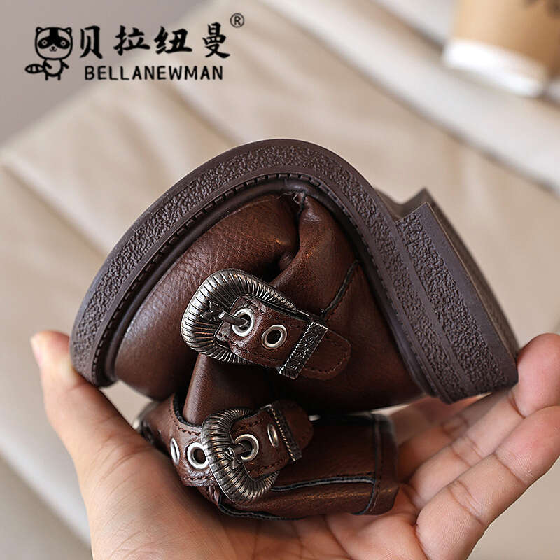 Girls' Fashion Leather 2024 Autumn New Big Kids Knight Mid-Calf Children's British Style Martin Boots