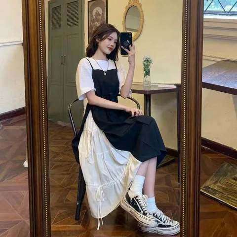 And White Patchwork Two-Piece Set For Women Gentle Streetwear Summer French Style Strap Little Black Dress B5