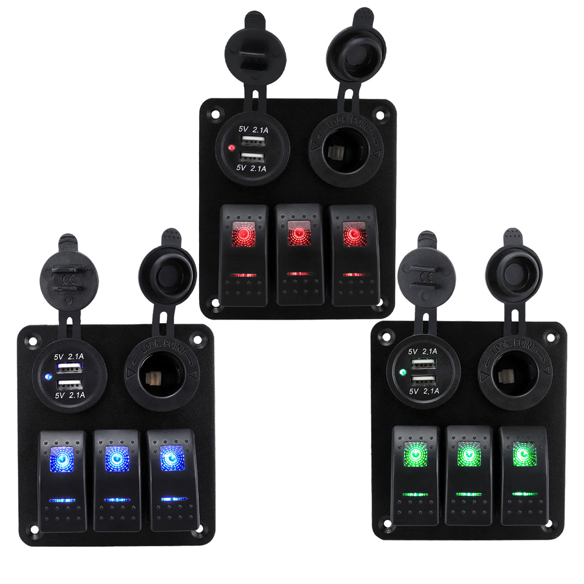 Waterproof 3-Gang Aluminum Rocker Switch Panel with Dual USB Charging Ports and Cigarette Lighter Outlet - Suitable for Car RV Truck (12/24 V DC)