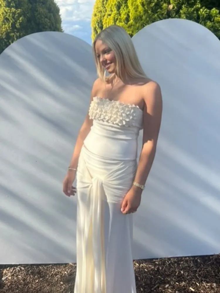 3D Flower Strapless Top Twisted Long Skirt Set Slim Fit Vest Blouse Ribbon Lace Up High Waist Crop Yarn Wrap Hip Skirts Women 250711