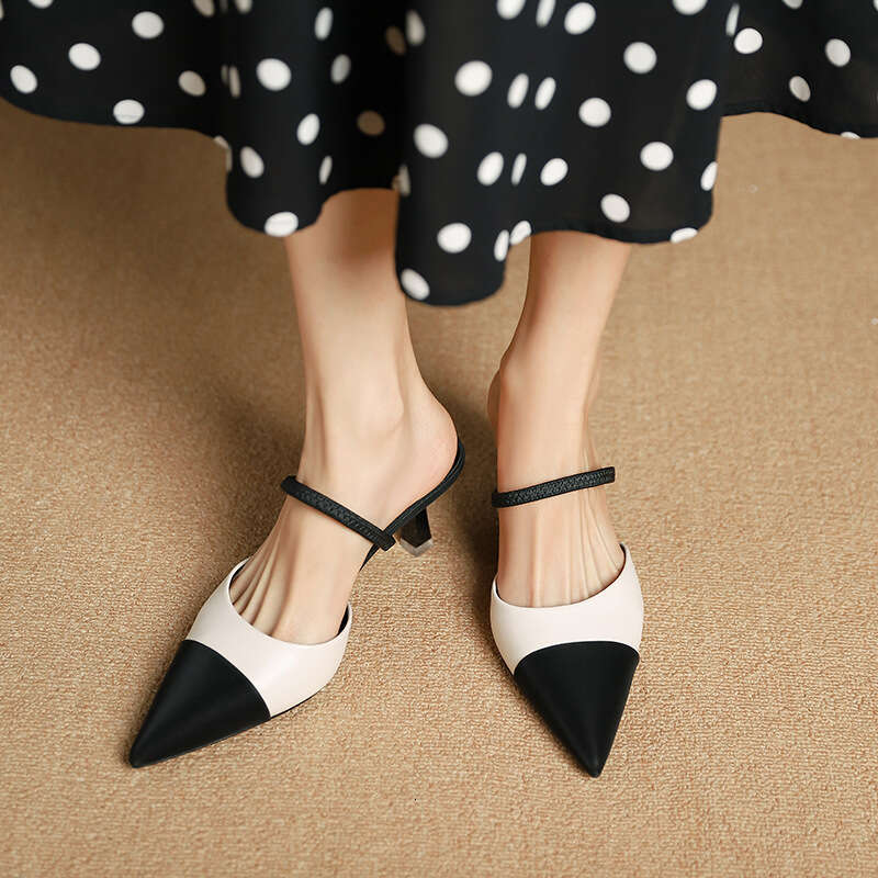 699-70 New Style Small Fragrance Color Block Pointed Toe Half Mules Sandals with Open Back and Closed Toe, Strappy Kitten Heels for Women