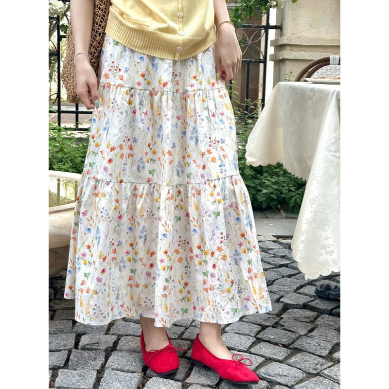 2025 New Women's Skirt Summer New Korean Printed Women's Dress Summer New High Waist Slimming Design Cake Medium length Skirt Fashion New De