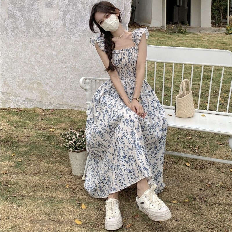 French Style Sleeveless Square Neck Strap For Women Summer New Waist-Cinching Slimming A-Line Midi Dress B5