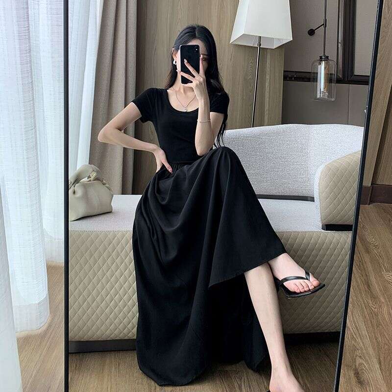 Plus Size Korean Hepburn Style Square Neck Short Sleeve Patchwork For Women Summer Waist Slimming Elegant Age-Reducing Long Dress B5