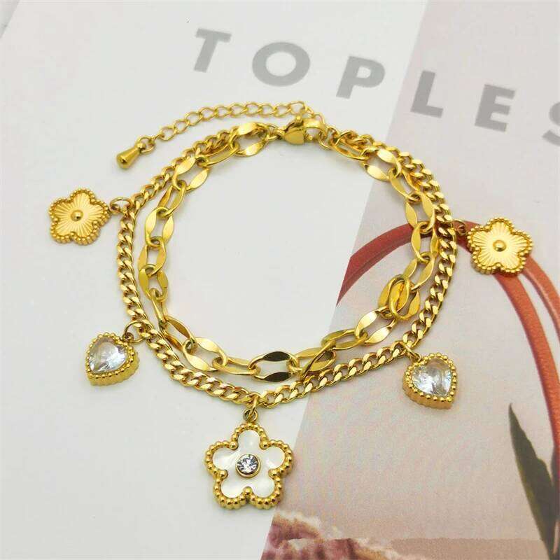 Kuziduocai Statement 316L Stainless Steel 2025 New Fashion Jewelry Zircon Seashell Heart Flowers Charm Chain Bracelets For Women