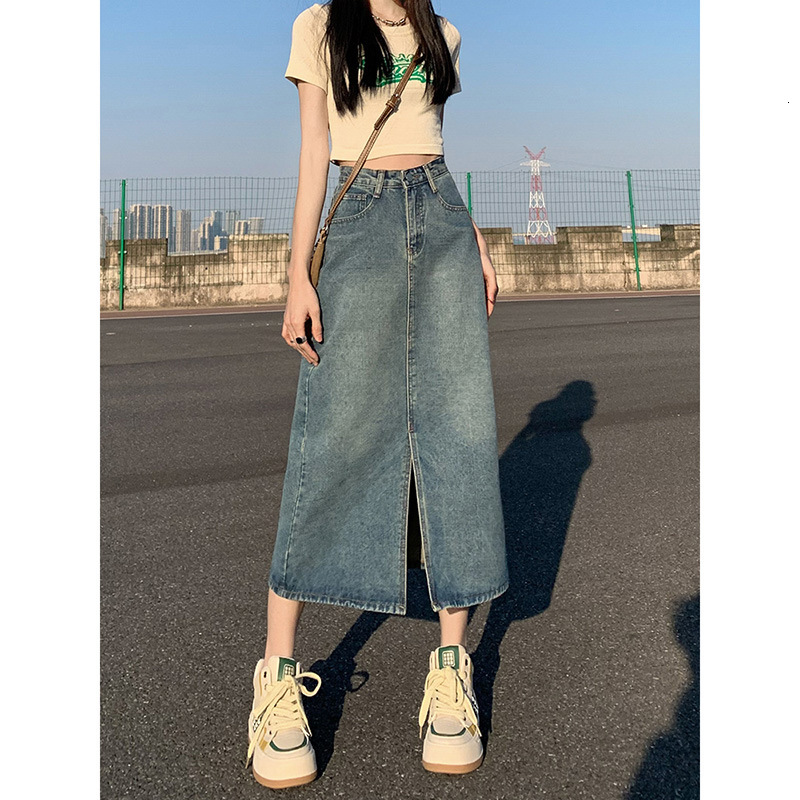 2025 New women's skirt new high waisted split denim skirt women's new summer A-line skirt tight fitting skirt long skirt fashionable new des