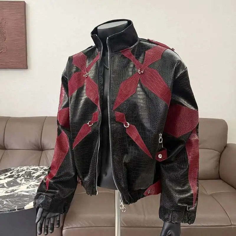 PFHQ Mens PU Leather Jacket Zipper Stand Collar Contrast Color Korea Fashion Darkwear Male Tops Casual 21E2807 250708