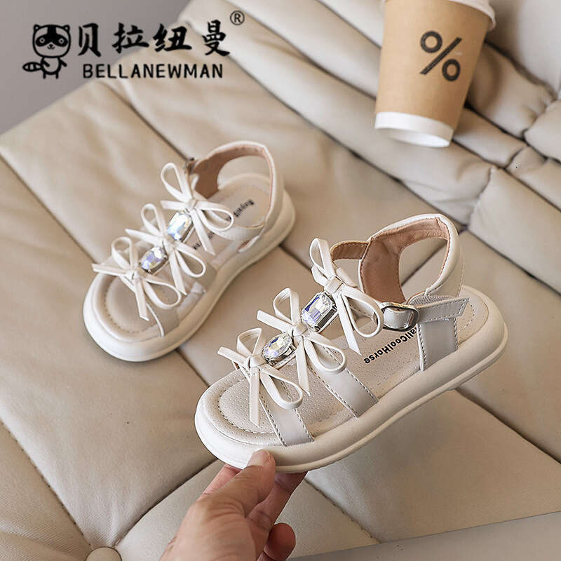 SHEIN Girls' Fashion Sandals with Rhinestones and Bowknot Princess 2025 Summer New Children's Open-Toe Beach Shoes