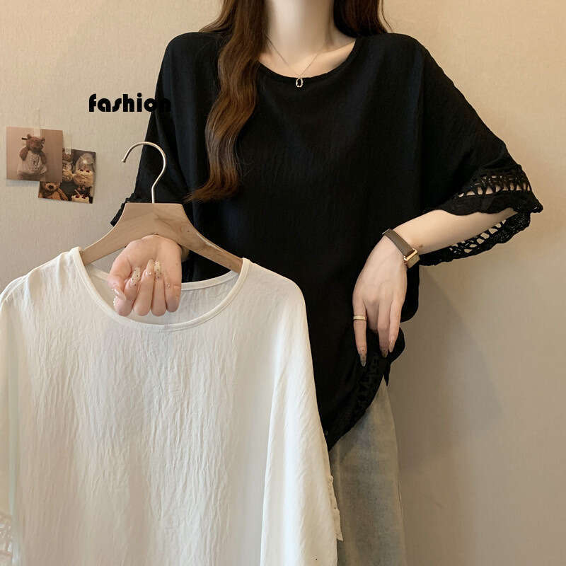 High-End Lace Hollow Short Sleeve T-Shirt Women Summer Plus Size Loose Stylish Top For Covering Belly B5 h7
