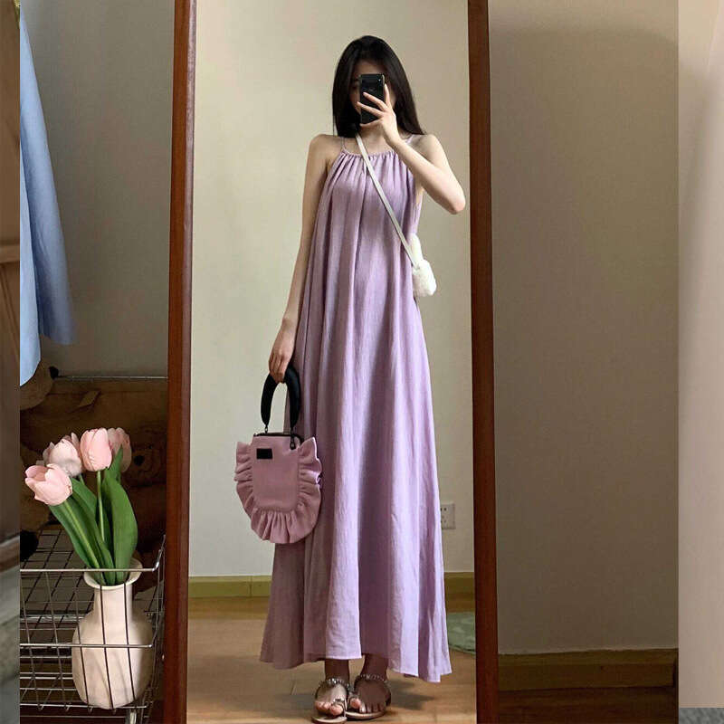 Purple Loose Strap For Women Summer New Vacation Gentle Long Chic Sleeveless A-Line Dress B5