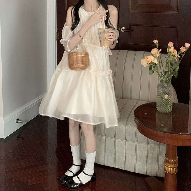 French Style Gentle Temperament Slimming Off-Shoulder For Women Summer New Design Sense Niche Loose Apricot Dress B5