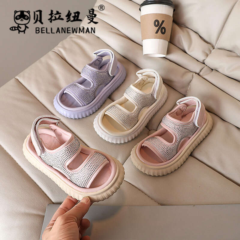 Bella Newman Girls' Fashion Rhinestone Sandals 2024 Summer New Children's Solid Color Open-Toe Beach Shoes for Big Kids