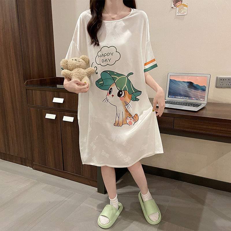 X202-Ice silk pajamas women's summer nightdress new cartoon large size thin short sleeves can be worn outside home clothes