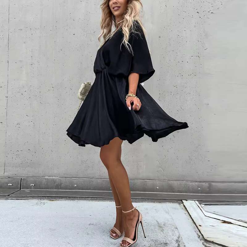 Sexy V Neck Dresses For Elegant Short Sleeve Solid A-line Loose Mini Women Casual Beach Party Dress Boho 2022 dongdumaoyi