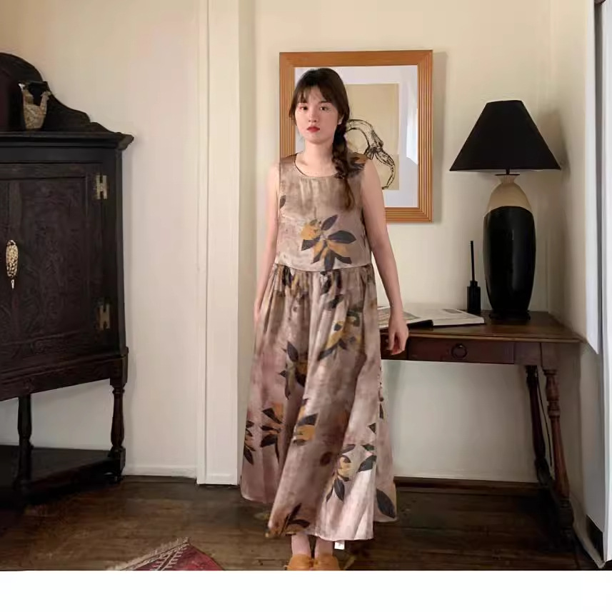 X086 Sleeveless vest basic leaf print mid-waist dress elegant