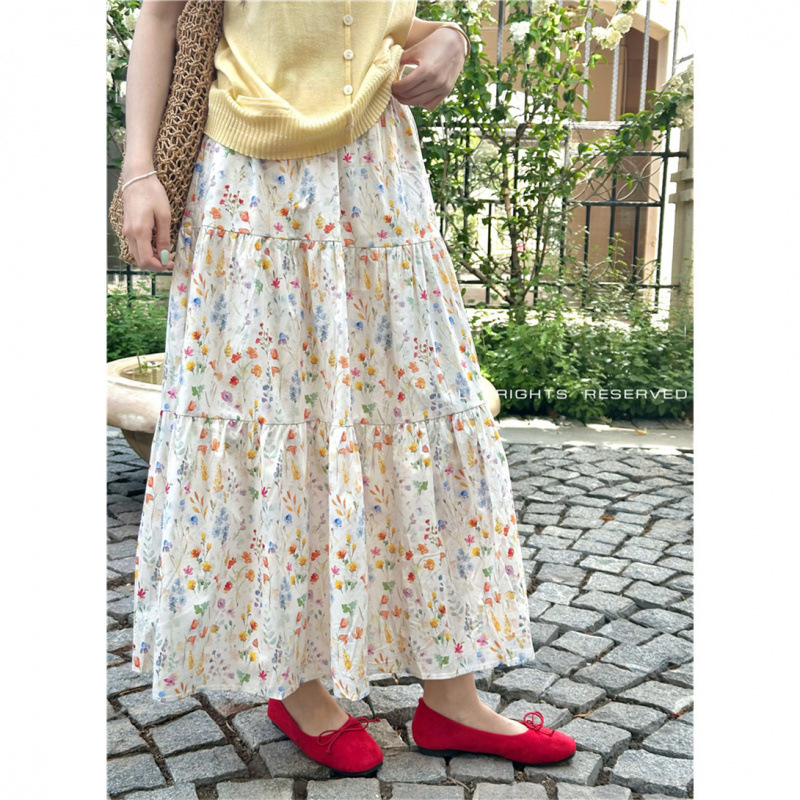 2025 New Women's Skirt Summer New Korean Printed Women's Dress Summer New High Waist Slimming Design Cake Medium length Skirt Fashion New De