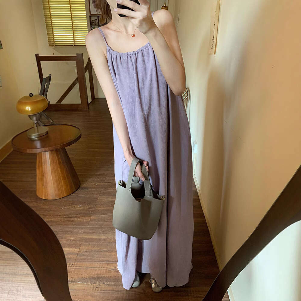 French Style Spaghetti Strap For Women Spring Summer New Elegant Loose Slimming Vacation Sleeveless A-Line Long Dress B5