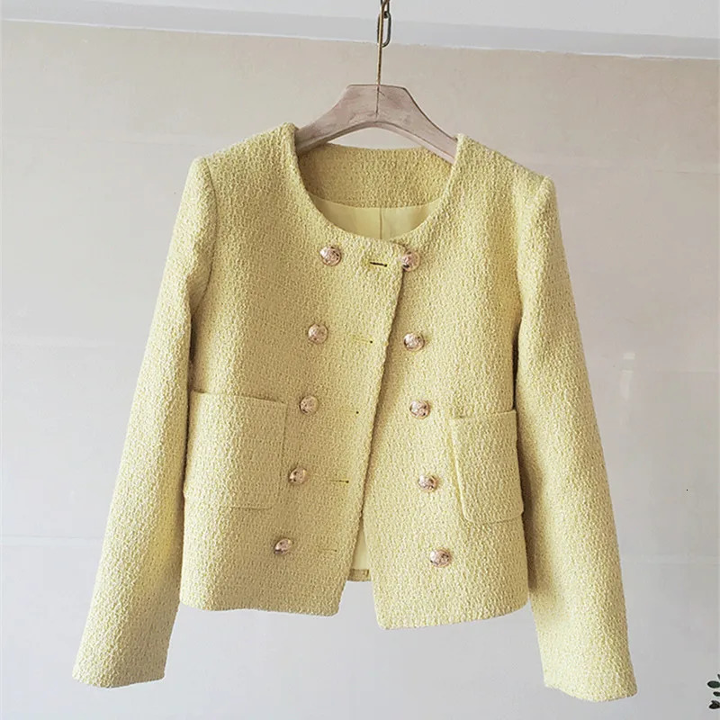 White Tweed Woolen Women Jackets Coat Blazer Autumn Winter 2025 Double Breasted Pointed Collar with Button Blazers Jacket 250709