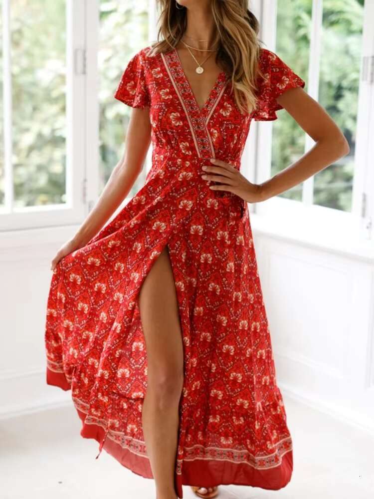 Happie Queens Women Floral Print Bat Sleeve Beach Bohemian Maxi Dress Ladies Sashes Boho Wrap Dresses Robe Bikini Cover-ups dongdumaoyi