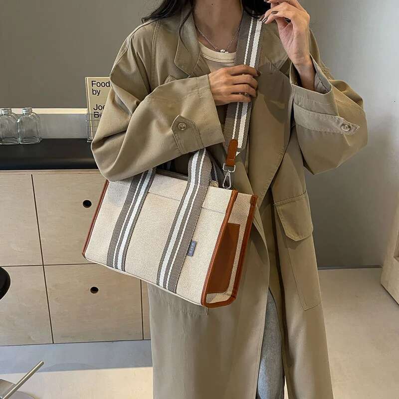 Linen Fabric Handbags For Women Quality Striped Large Capacity Shoulder Crossbody Latest Plain Color Shopping Totes Bag