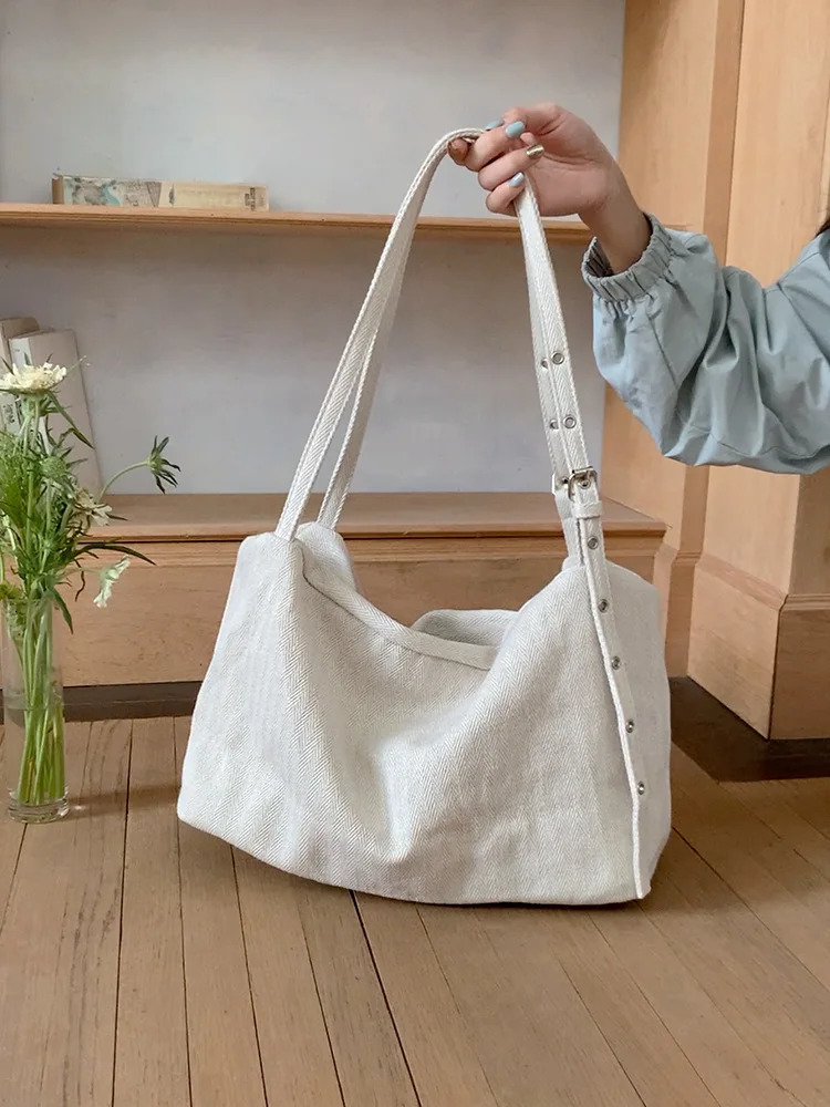 Trendy and Versatile Lazy Style Large-Capacity Canvas Tote Bag College Student Class Bag Shoulder Crossbody Bag 250704