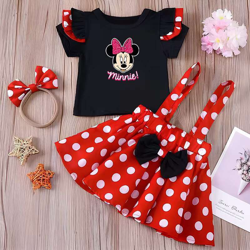 Minnie Mouse Girl Children Dress Baby Clothing Set Summer Birthday Costume Polka Dot Suspender Skirt Bow Headband skirt suit dongdumaoyi