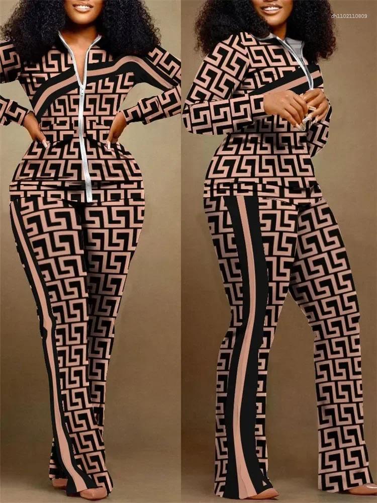 Women's Tracksuits 2025 Spring Autumn Two Piece Sets Women Geometric Print Zip Up Top Coat Pants Set Outifits Fashion Tracksuit Casual