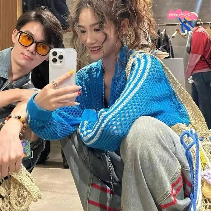 Spring Hollow Out Knitted Coats American Vintage Trend Striped Zipper Sweater Jacket Women Casual Loose Crochet Cardigan 144A ddmysept
