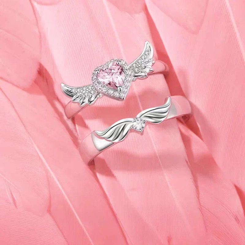 Chic Angel Wing Ring for Couple Pink Heart Cubic Zirconia Rings Romantic Forever Love Finger Jewelry Valentine Day Gift 250704
