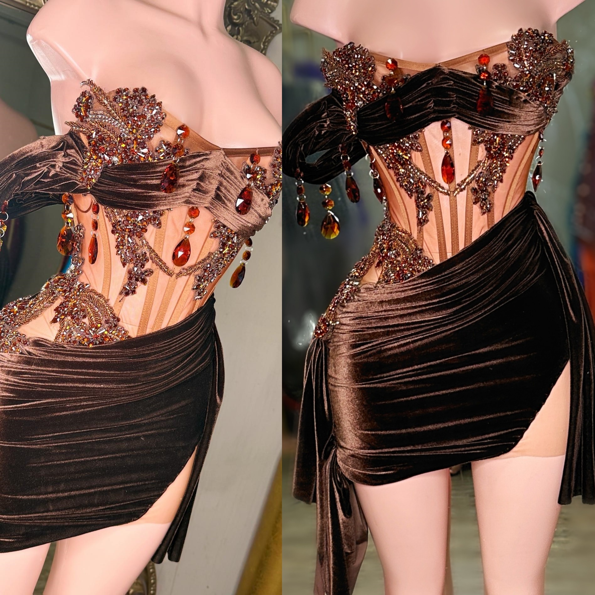 Brown Sheath Cocktail Dress Crystals Beaded Velvet Luxurious Short Mini Graduation Homecoming Dresses For Special Occasions Sweetheart Gowns