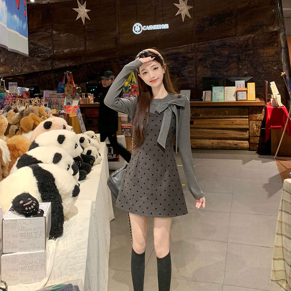 Korean Style Two-Piece Bowknot Polka Dot Set Spring And Autumn New Waist-Cinching Slimming A-Line Long Dress For Women B5